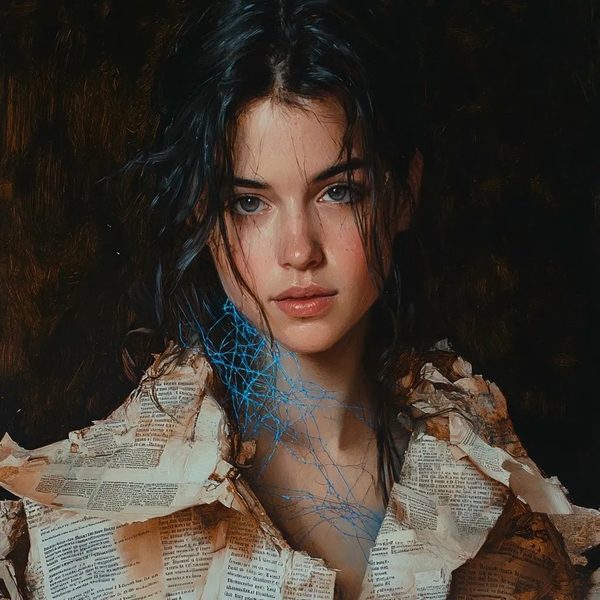 Dream Weaver character study, figure cloaked in newspaper fragments with luminous threads