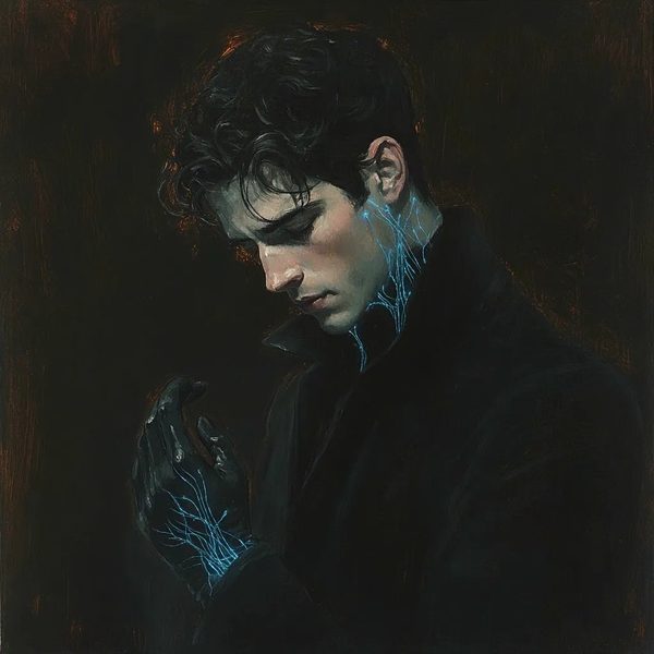 Dream Weaver character study, figure with luminous neural traces along skin and hands