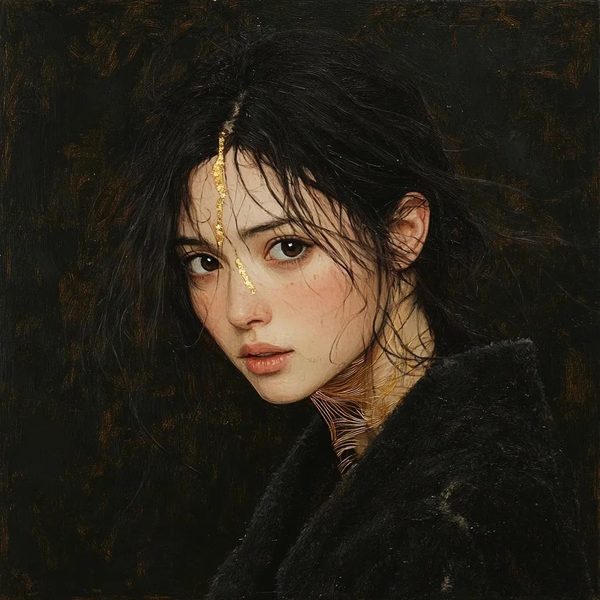 Dream Weaver character study, figure with golden kintsugi mark on forehead